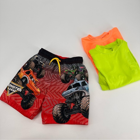 Monster Jam Trucks Swim Trunks Swimsuit Size 6 + 2 Rashguard tops - Picture 1 of 4
